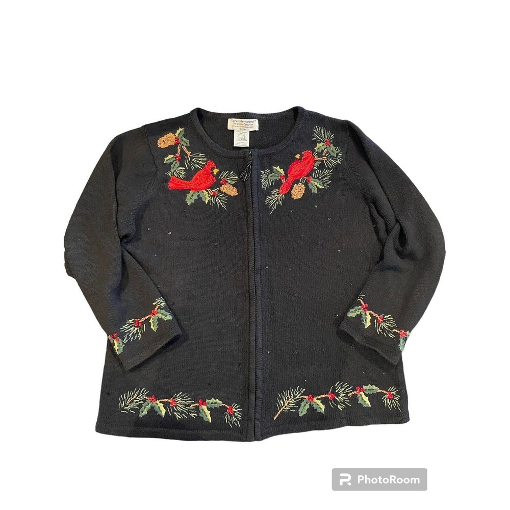 Vintage XL 1X Cardigan Sweater Cardinal Beaded Zip Up Black